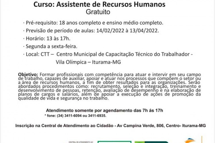 Prefeitura de Iturama e Senac oferecem gratuitamente curso de assistente de Recursos Humanos